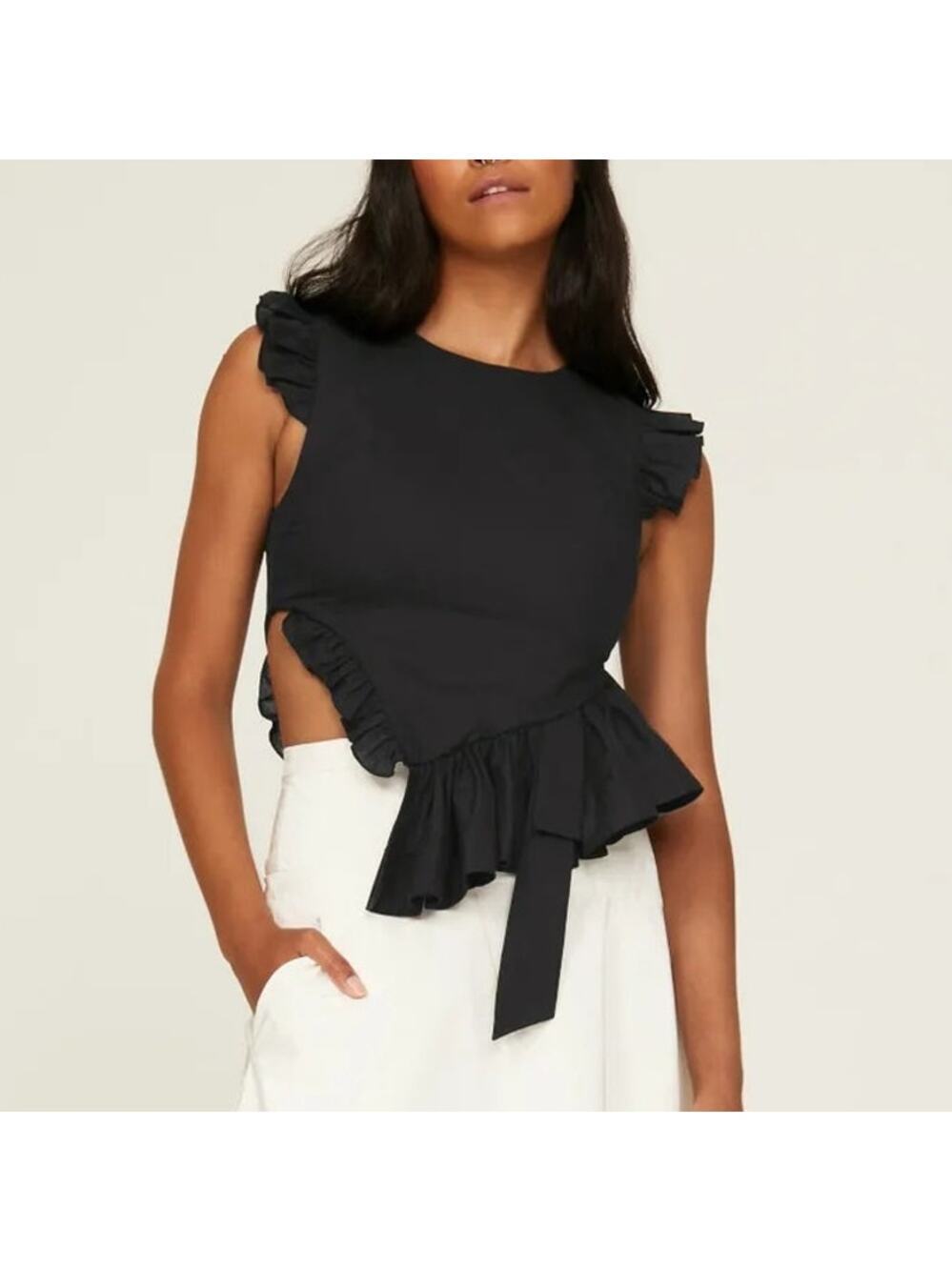 Sandy Liang Babylon Top Ruffle Trim Cap Sleeve Asymmetric Hem Cotton Black 10